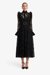 Aliyah Lace Butterfly Sleeve Midi Dress - Ebony