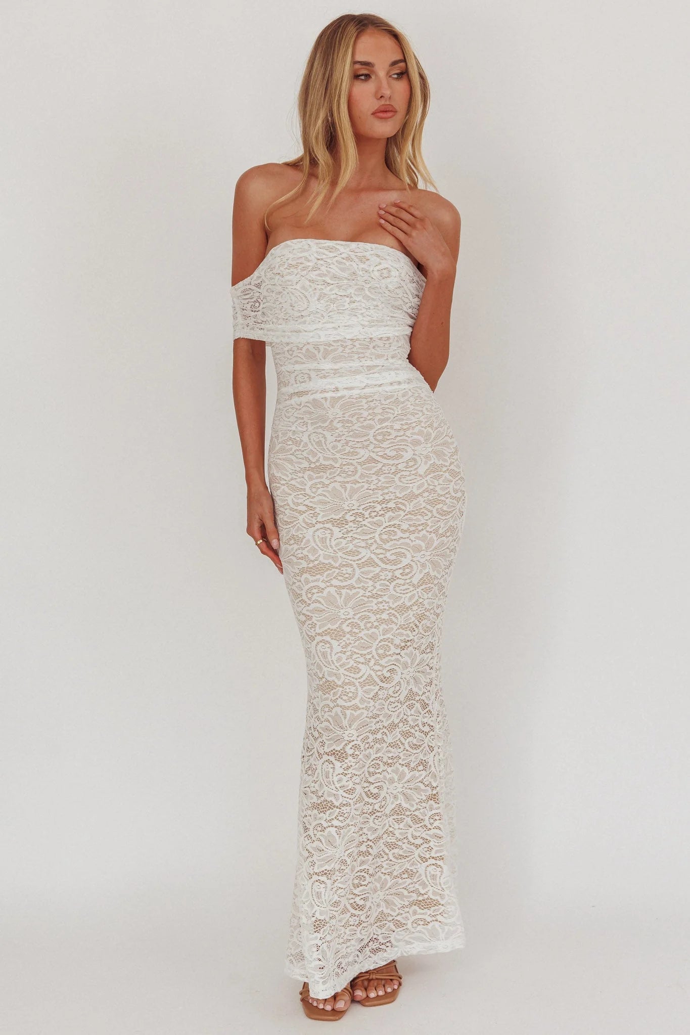 Flutters Off-Shoulder Lace Maxi Dress White